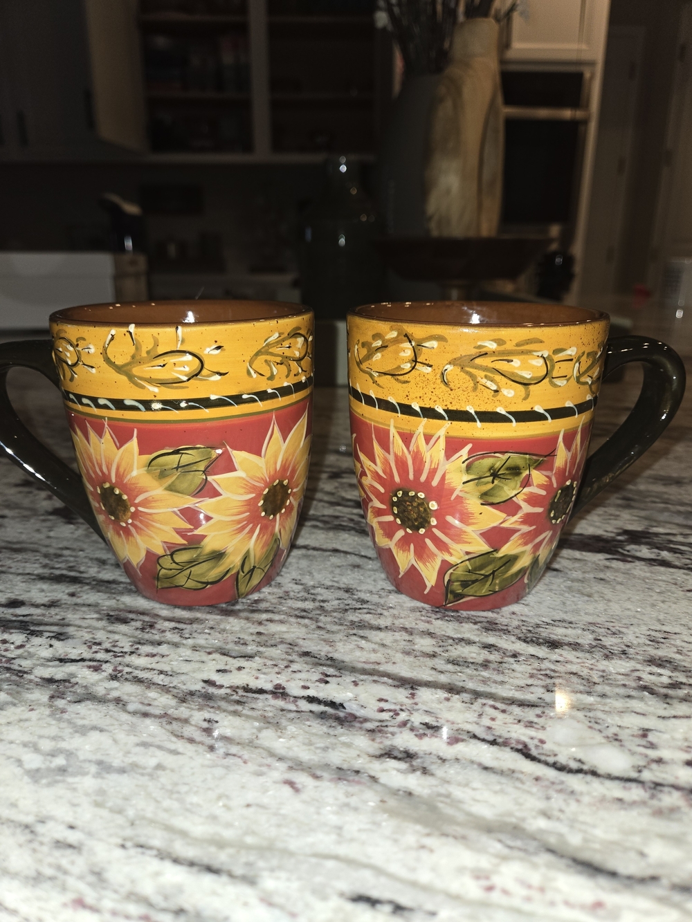 Pier 1 Imports Sunflower Coffee Mug Hand Painted Terracotta 12oz Set Of 2